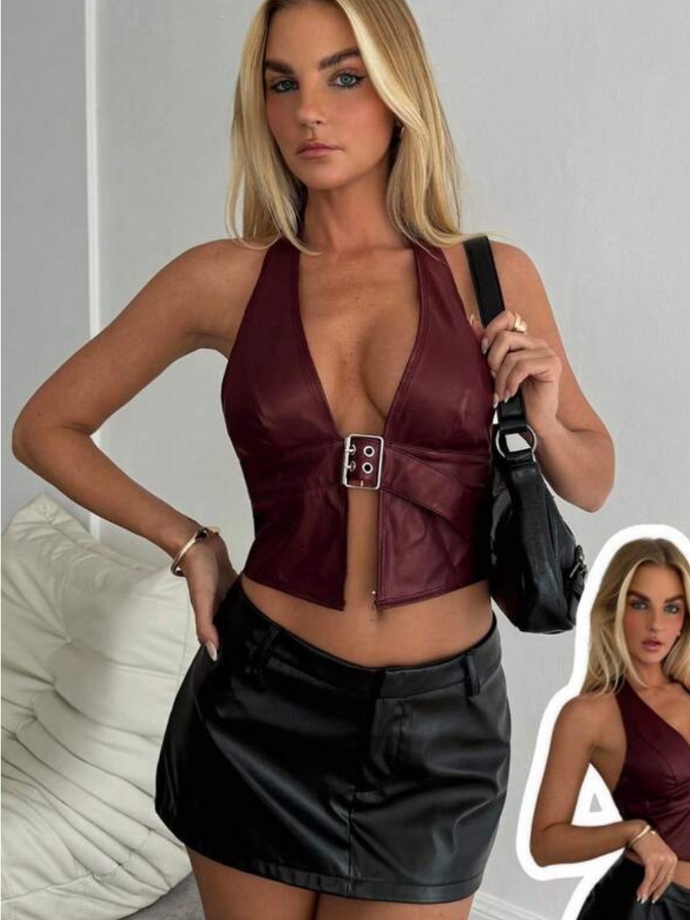 SHEIN Burgundy Faux Leather Plunge Halter Buckle Crop Top